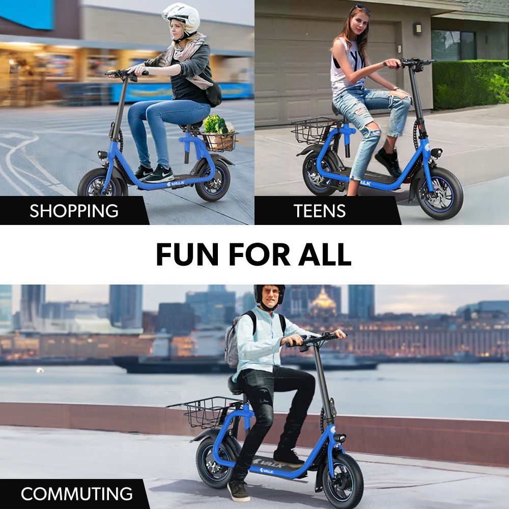 VALK Electric Scooter with Seat, Disc brakes, 12" Tyres, AU Compliant, for Adults, Teens, Commuter, Blue V219-TRNESCVAM3BA