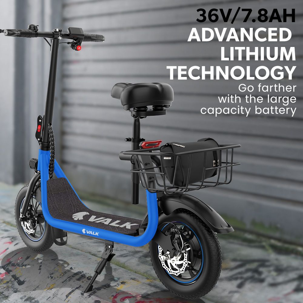 VALK Electric Scooter with Seat, Disc brakes, 12" Tyres, AU Compliant, for Adults, Teens, Commuter, Blue V219-TRNESCVAM3BA