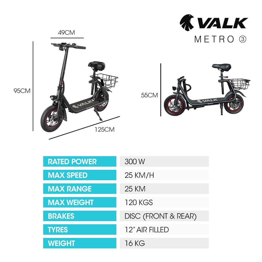 VALK Electric Scooter with Seat, Disc brakes, 12" Tyres, AU Compliant, for Adults, Teens, Commuter, Black V219-TRNESCVAM3KA