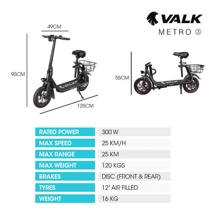 VALK Electric Scooter with Seat, Disc brakes, 12" Tyres, AU Compliant, for Adults, Teens, Commuter, Black V219-TRNESCVAM3KA