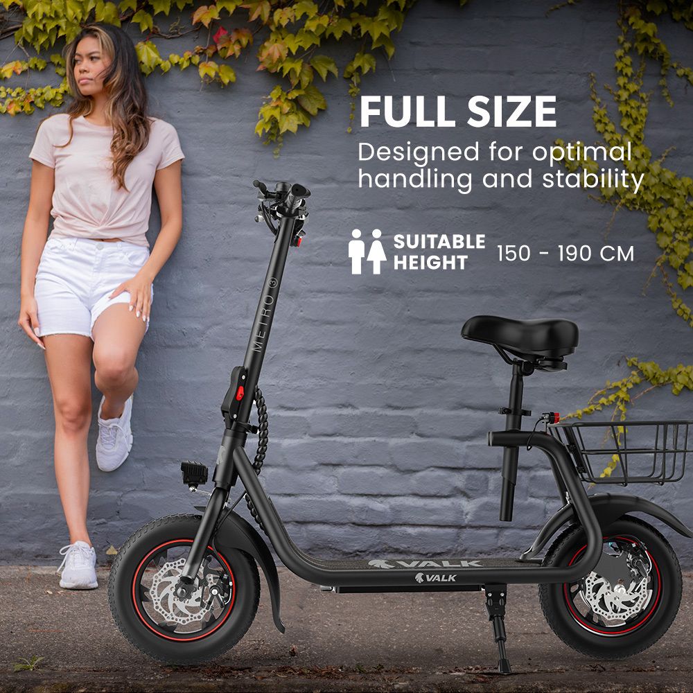 VALK Electric Scooter with Seat, Disc brakes, 12" Tyres, AU Compliant, for Adults, Teens, Commuter, Black V219-TRNESCVAM3KA