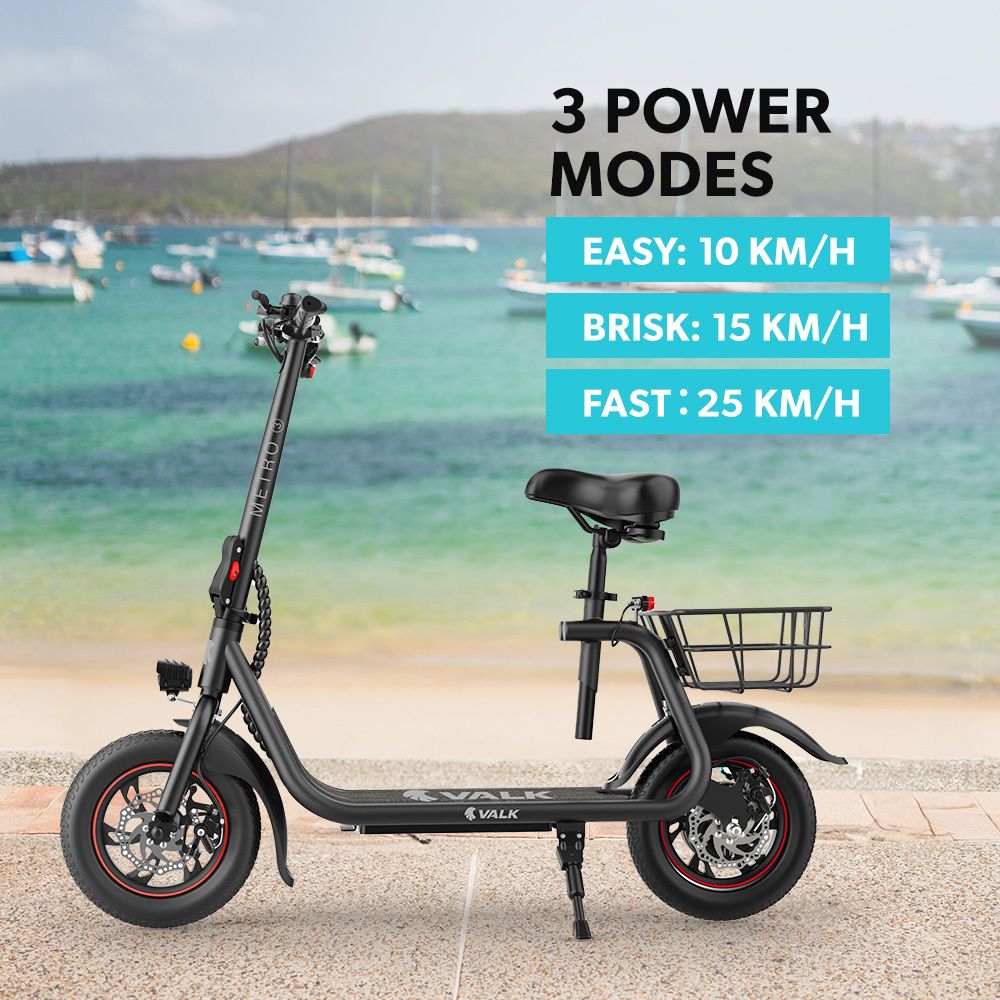 VALK Electric Scooter with Seat, Disc brakes, 12" Tyres, AU Compliant, for Adults, Teens, Commuter, Black V219-TRNESCVAM3KA