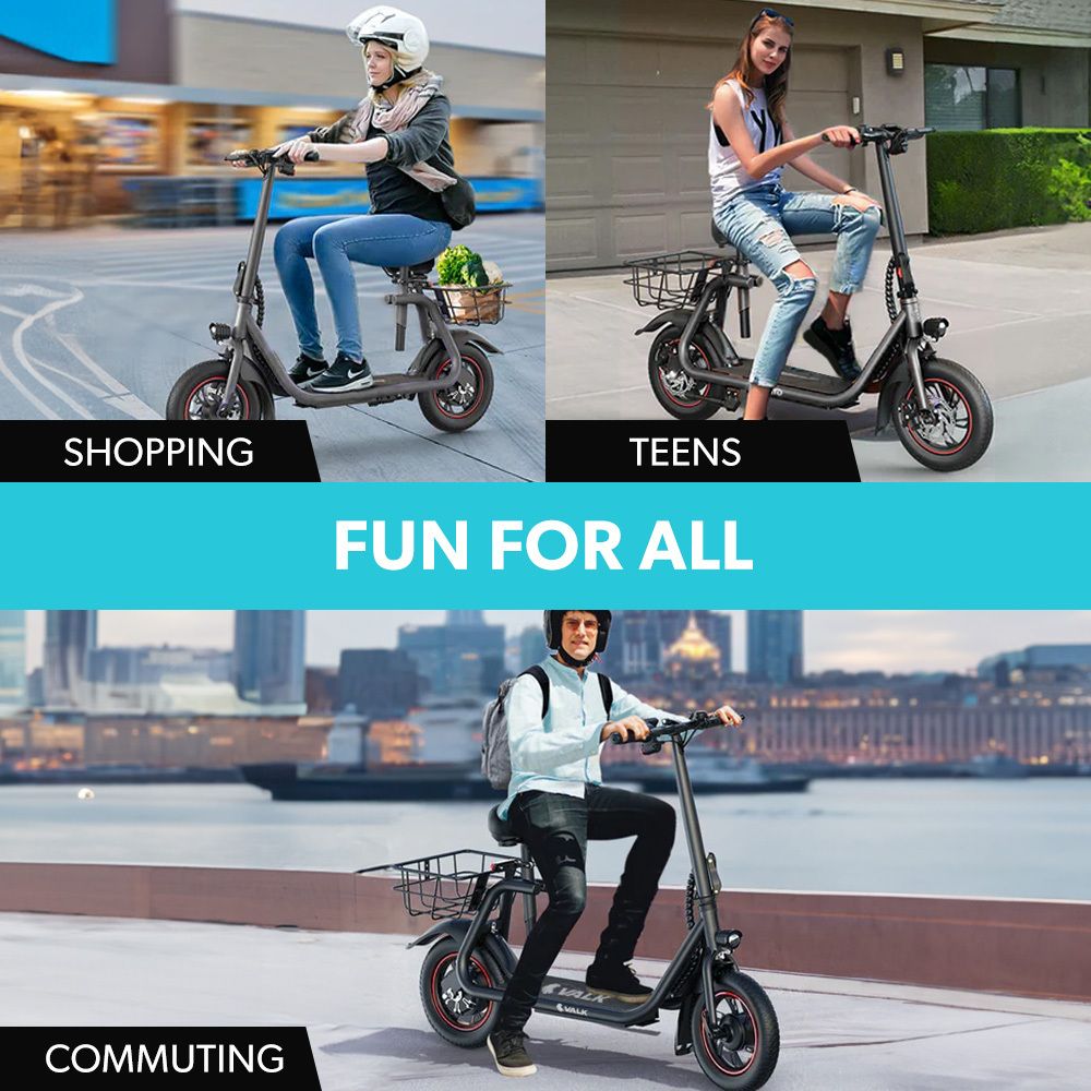 VALK Electric Scooter with Seat, Disc brakes, 12" Tyres, AU Compliant, for Adults, Teens, Commuter, Black V219-TRNESCVAM3KA