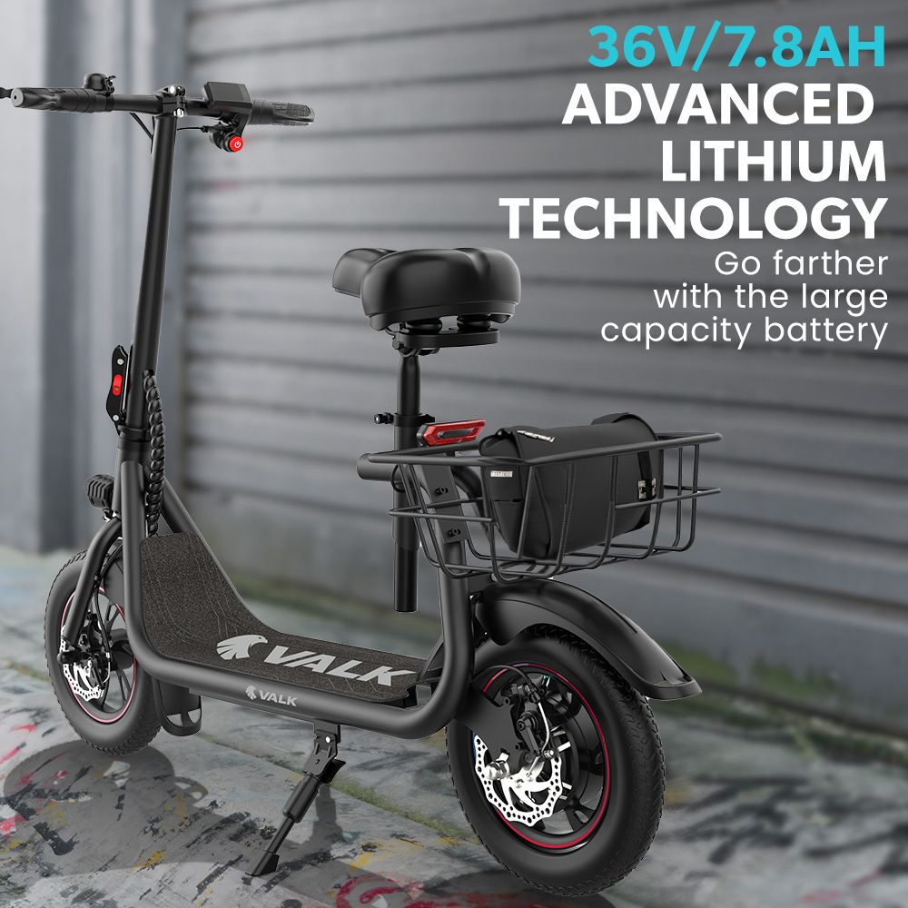 VALK Electric Scooter with Seat, Disc brakes, 12" Tyres, AU Compliant, for Adults, Teens, Commuter, Black V219-TRNESCVAM3KA