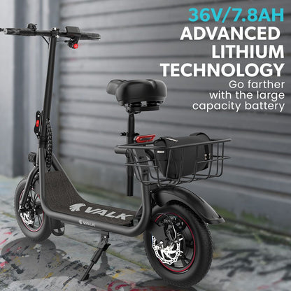 VALK Electric Scooter with Seat, Disc brakes, 12" Tyres, AU Compliant, for Adults, Teens, Commuter, Black V219-TRNESCVAM3KA