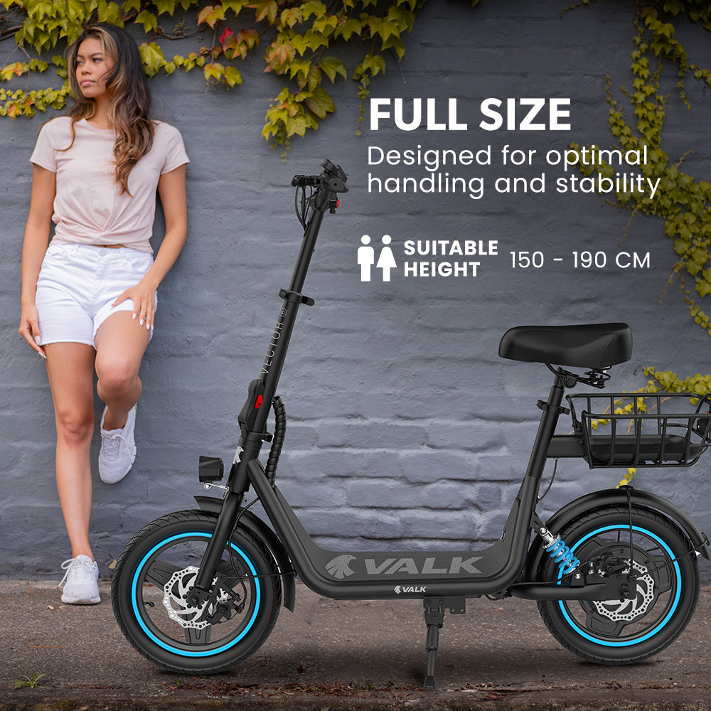 VALK Electric Scooter with Seat, 30km Range, AU Compliant, Disc brakes, 14" Tyres, for Adults, Teens, Commuter V219-TRNESCVAM6KA