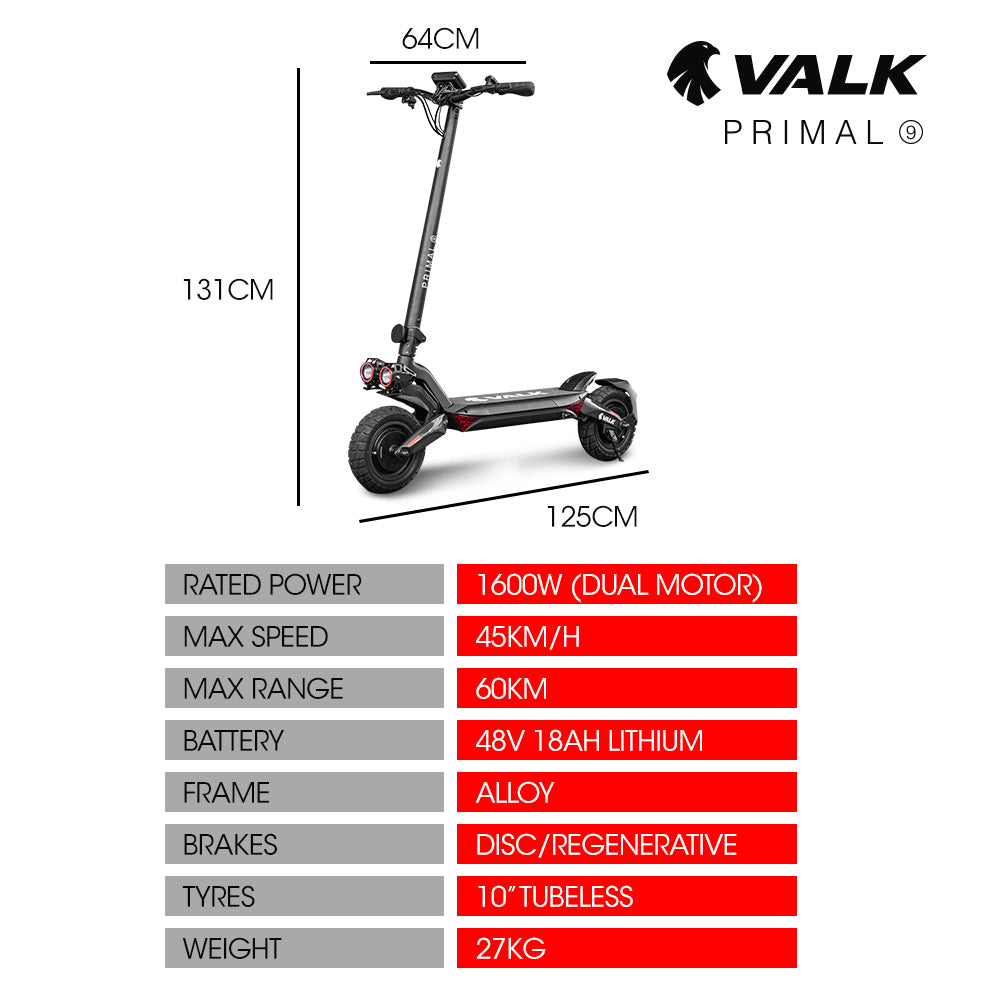 VALK Primal 9 Dual Motor Electric Scooter, 1600W, AU Compliant, for Extreme Hill Climbing, Black V219-TRNESCVAP9KA