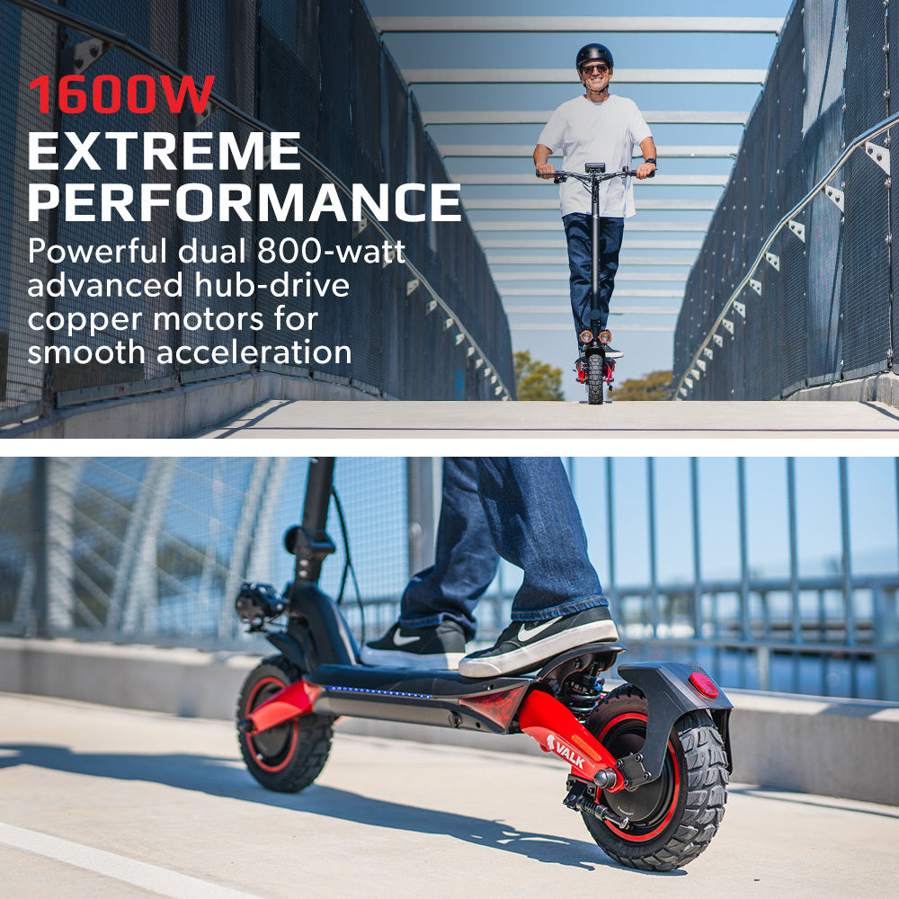 VALK Primal 9 Dual Motor Electric Scooter, 1600W, AU Compliant, for Extreme Hill Climbing, Black/Red V219-TRNESCVAP9RA