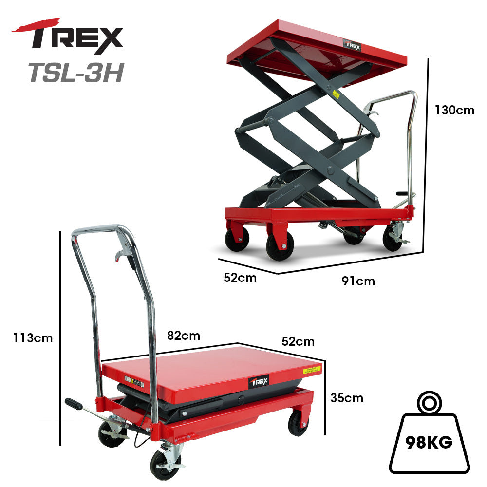 T-REX 300KG Hydraulic High Lift Double Scissor Trolley, 1.3M Max Platform Hgt, Heavy-Duty, for Material V219-VHWLFCTRH3HA