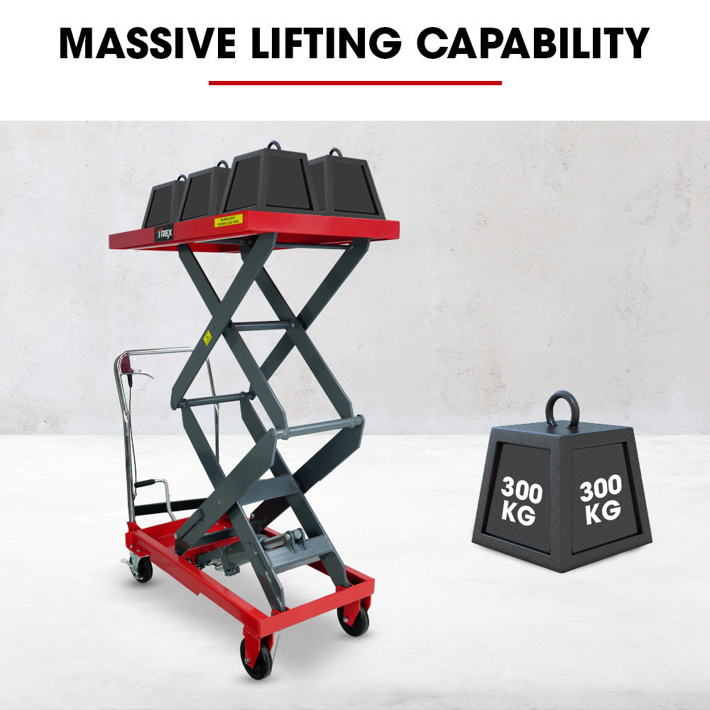 T-REX 300KG Hydraulic High Lift Double Scissor Trolley, 1.3M Max Platform Hgt, Heavy-Duty, for Material V219-VHWLFCTRH3HA