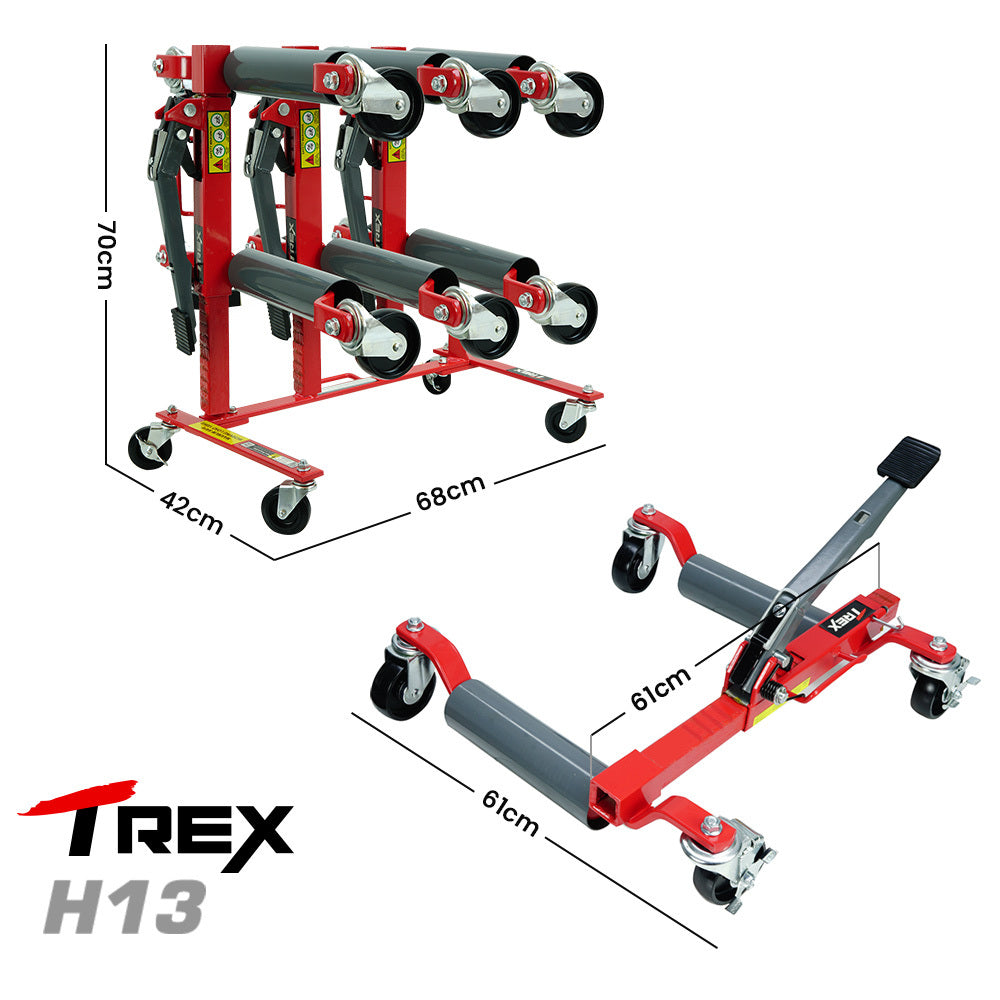 T-Rex 2360kg Set of 4 Vehicle Positioning Jacks with Rack Stand, Mechanical Ratcheting Foot Pedal Wheel Dolly V219-VHWVPRTR3R4-4SR