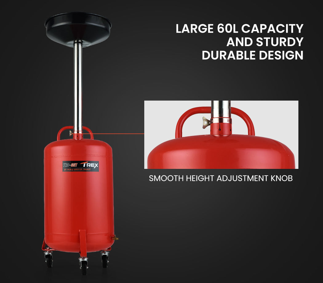 T-REX 60L Mobile Waste Oil Drainer Tank, Telescopic, for Car Engine, Workshop V219-VHWWODTR6STA