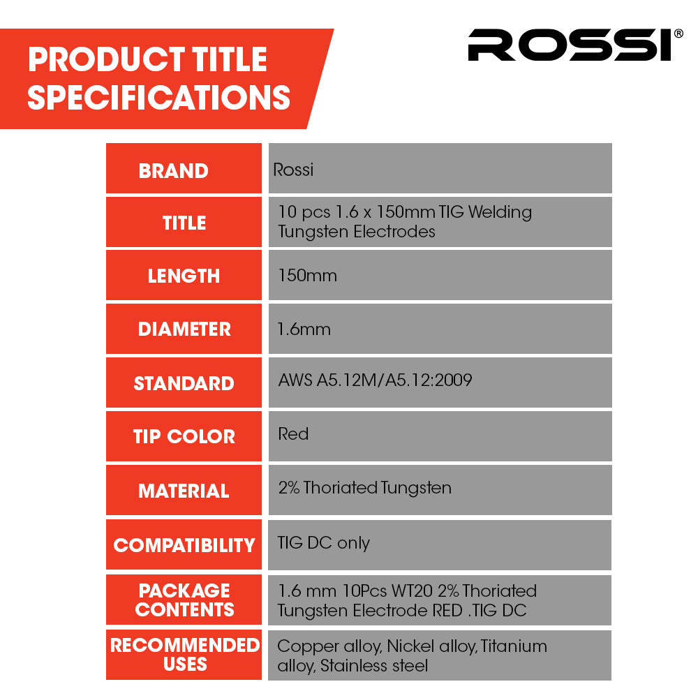 ROSSI 10pc 1.6mm x 150mm TIG Welding Tungsten Electrodes , for Copper Alloy, Nickel Alloy, Titanium Alloy, V219-WDRECDRO16BA