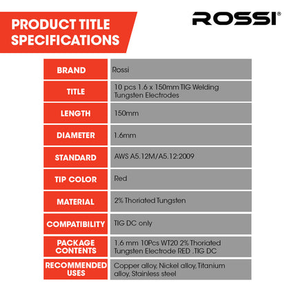 ROSSI 10pc 1.6mm x 150mm TIG Welding Tungsten Electrodes , for Copper Alloy, Nickel Alloy, Titanium Alloy, V219-WDRECDRO16BA