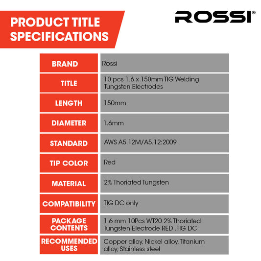 ROSSI 10pc 1.6mm x 150mm TIG Welding Tungsten Electrodes , for Copper Alloy, Nickel Alloy, Titanium Alloy, V219-WDRECDRO16BA