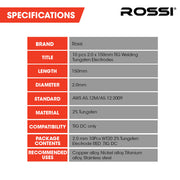 ROSSI 10pc 2.0mm x 150mm TIG Welding Tungsten Electrodes , for Copper Alloy, Nickel Alloy, Titanium Alloy, V219-WDRECDRO20BA