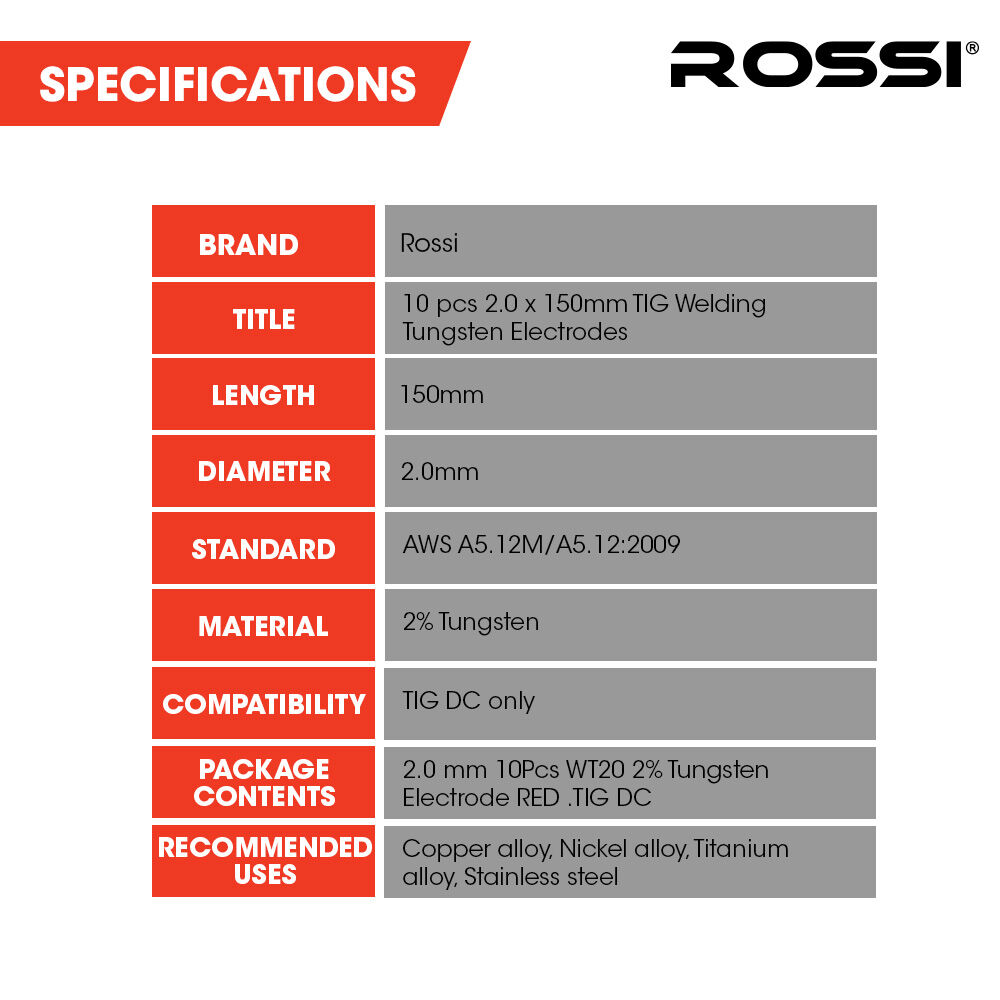 ROSSI 10pc 2.0mm x 150mm TIG Welding Tungsten Electrodes , for Copper Alloy, Nickel Alloy, Titanium Alloy, V219-WDRECDRO20BA