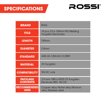 ROSSI 10pc 2.0mm x 150mm TIG Welding Tungsten Electrodes , for Copper Alloy, Nickel Alloy, Titanium Alloy, V219-WDRECDRO20BA