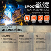 ROSSI 200A MIG/MAG/MMA/ARC/TIG Multi-Purpose Welder MIG-200, Flux/Solid Wire/CO2 Or Argon Gas V219-WDRMIGRO200A