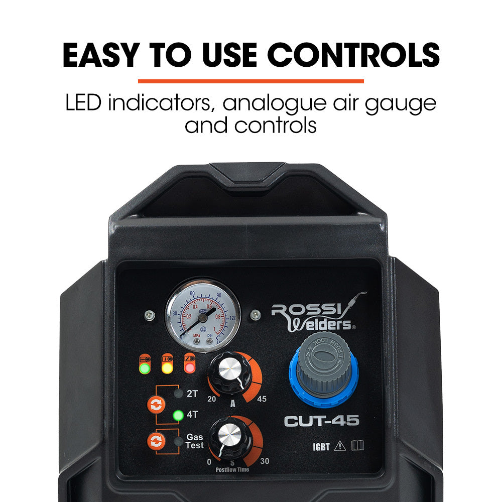 ROSSI 45A Plasma Cutter, Non-Touch Pilot ARC for Easy Cuts of Painted or Rusty Metals, DC Inverter Cutting V219-WDRPLMROC45A