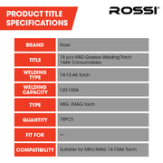 Rossi 18pc Welding Consumables Kit to Suit MIG/MAG 14-15AK Torch, Includes Tips, Shield Cups V219-WDRTCMRO18PA
