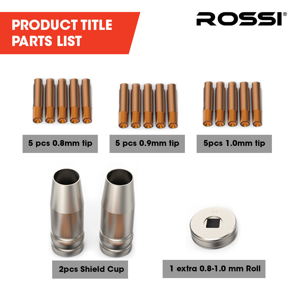 Rossi 18pc Welding Consumables Kit to Suit MIG/MAG 14-15AK Torch, Includes Tips, Shield Cups V219-WDRTCMRO18PA