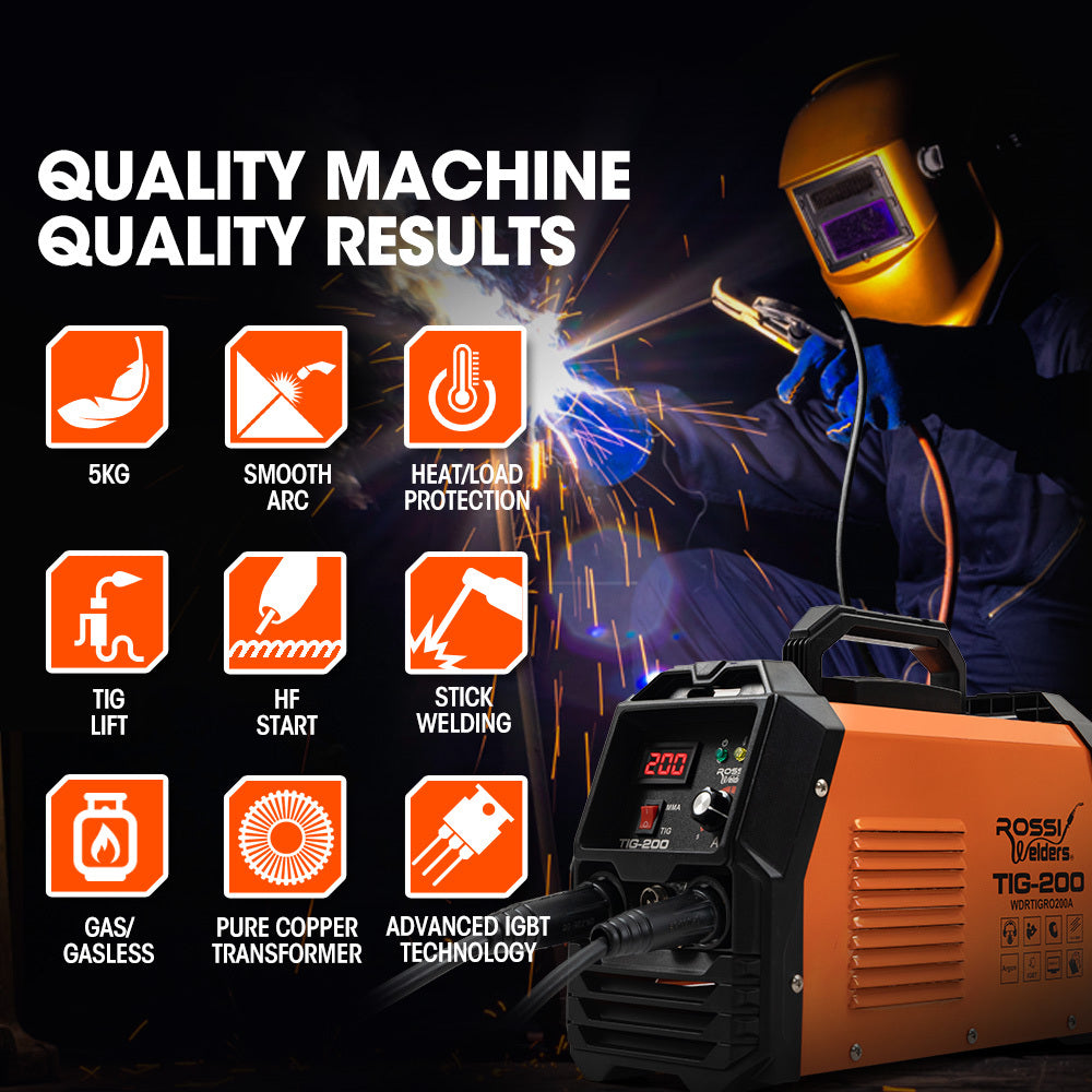 ROSSI NextGenTIG/MMA 200A Welder TIG-200, Ar Gas, HF Start, Regulator Included V219-WDRTIGRO200A