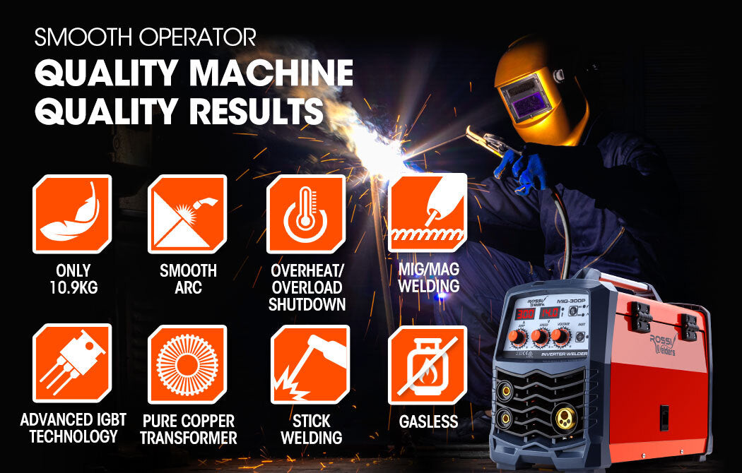 ROSSI 300 Amp MIG Stick Welder, Portable DC Gas Gasless Inverter Welding Machine, 15A Plug V219-WLDMIGROSA3C0