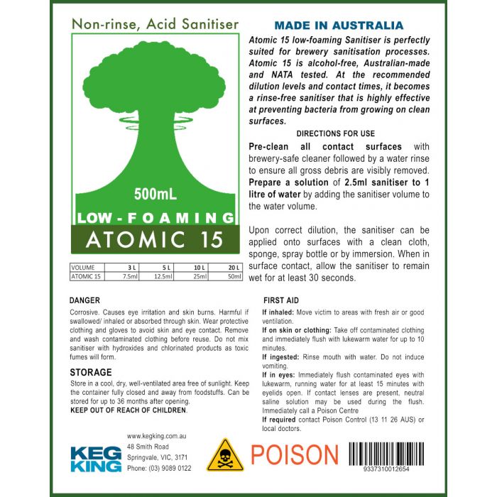Atomic 15 - Low Foaming Sanitiser 500ml V225-9009