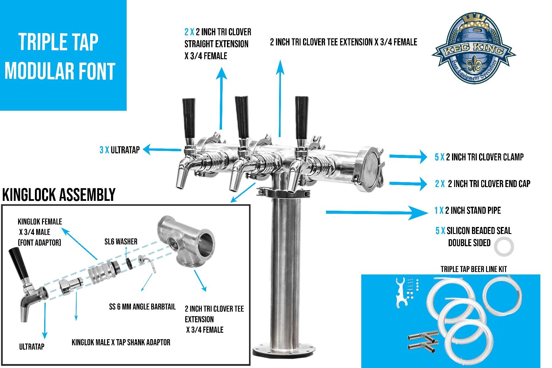 Beer Font Tower - Triple Tap Modular Beer Font with Tap V225-MFP003