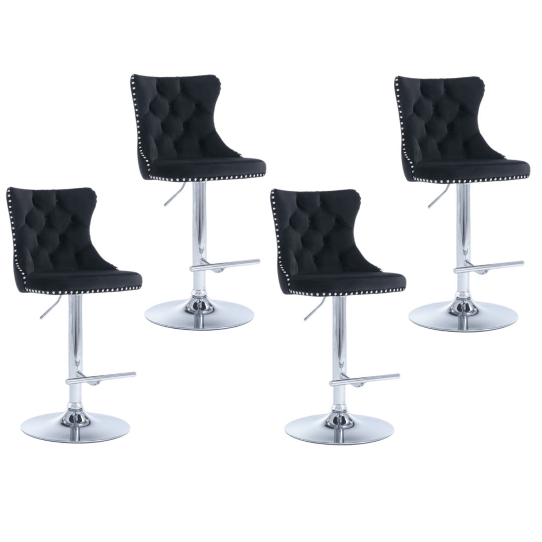 4x Height Adjustable Swivel Bar Stool Velvet Studs Barstool with Footrest and Chromed Base- Black V226-SW1712BK-2