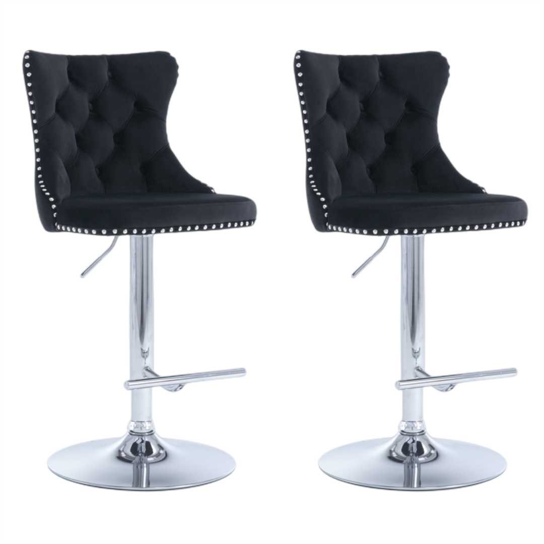 4x Height Adjustable Swivel Bar Stool Velvet Studs Barstool with Footrest and Chromed Base- Black V226-SW1712BK-2
