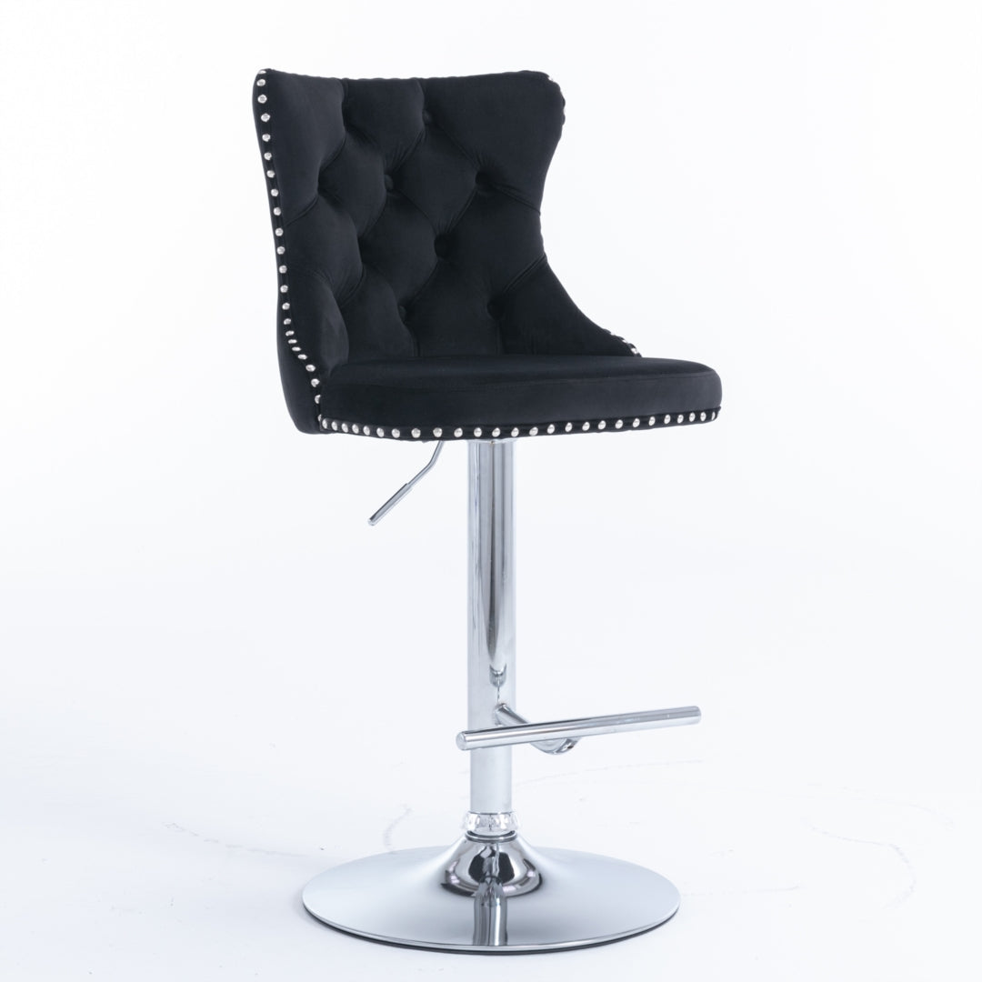 4x Height Adjustable Swivel Bar Stool Velvet Studs Barstool with Footrest and Chromed Base- Black V226-SW1712BK-2