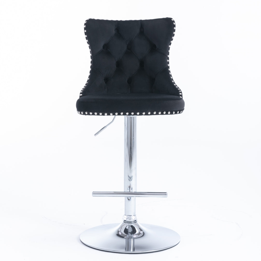 4x Height Adjustable Swivel Bar Stool Velvet Studs Barstool with Footrest and Chromed Base- Black V226-SW1712BK-2
