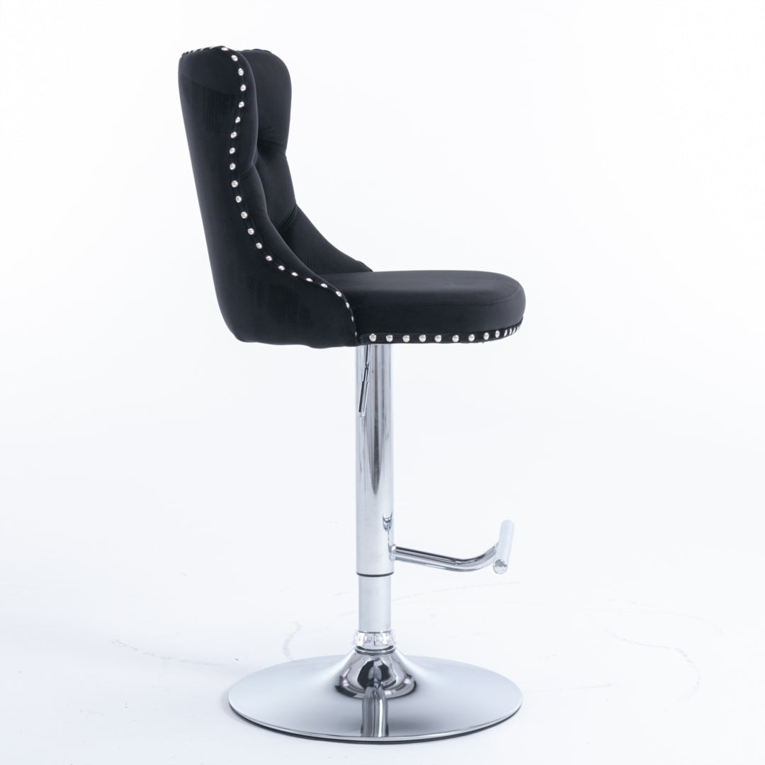 4x Height Adjustable Swivel Bar Stool Velvet Studs Barstool with Footrest and Chromed Base- Black V226-SW1712BK-2