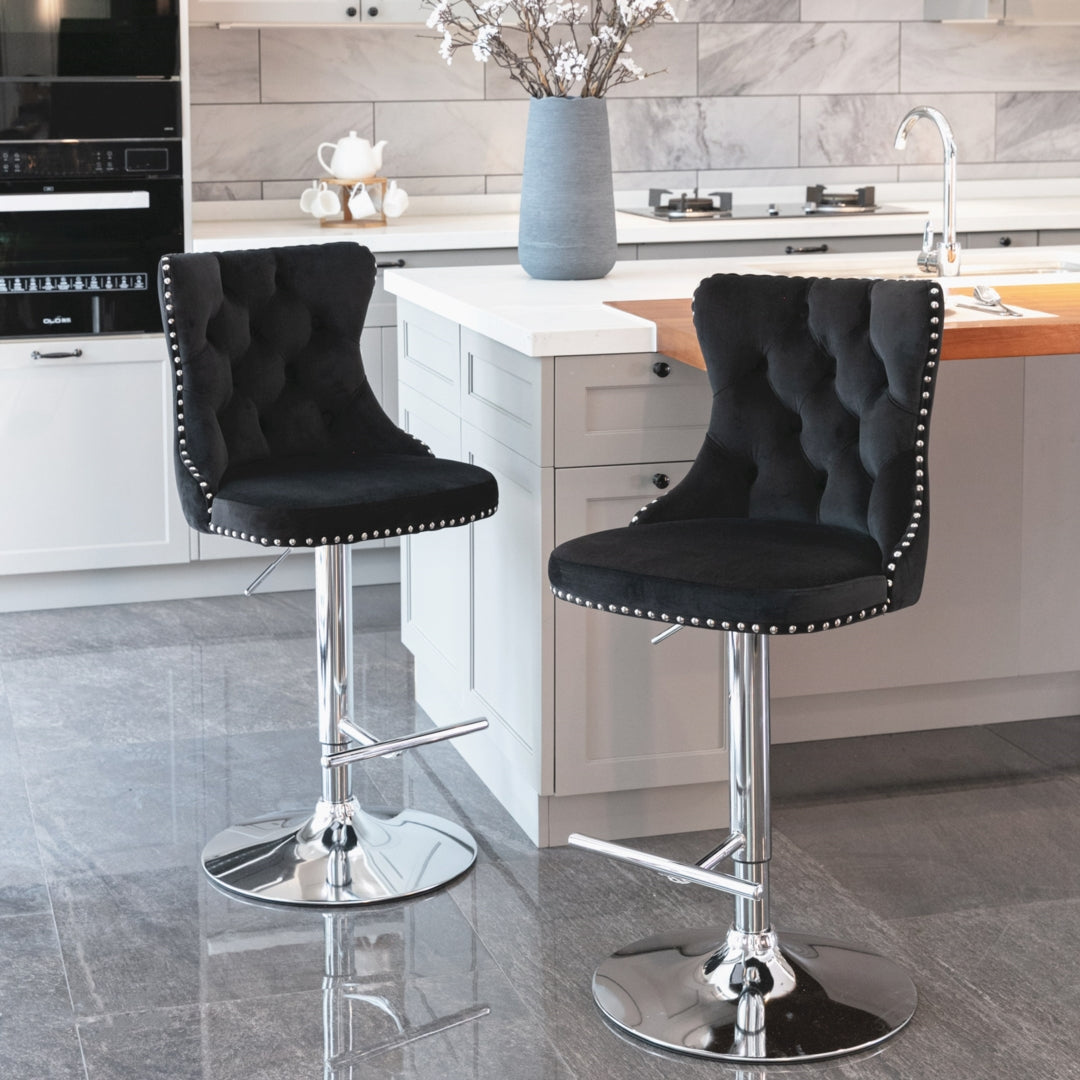 4x Height Adjustable Swivel Bar Stool Velvet Studs Barstool with Footrest and Chromed Base- Black V226-SW1712BK-2
