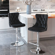 2x Height Adjustable Swivel Bar Stool Velvet Studs Barstool with Footrest and Chromed Base- Black V226-SW1712BK
