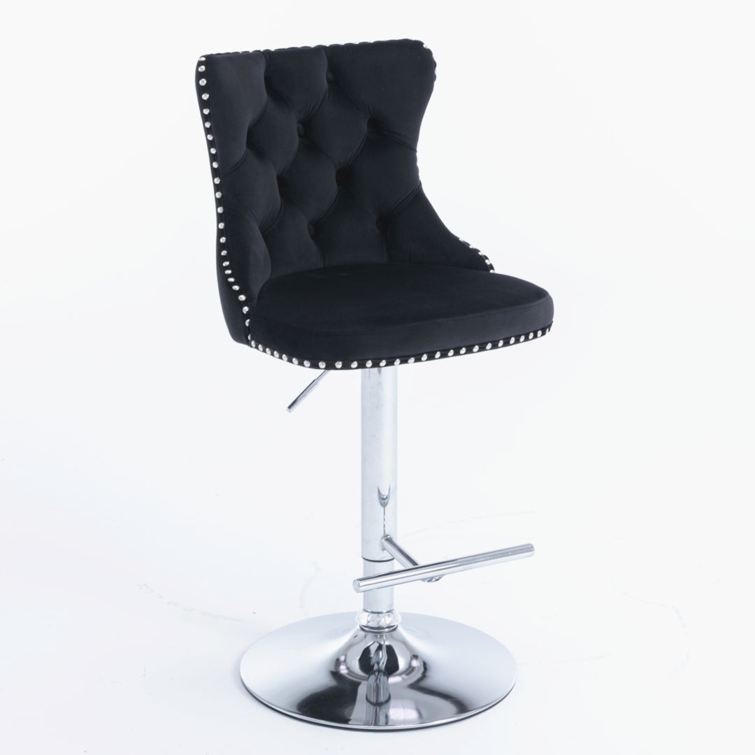 2x Height Adjustable Swivel Bar Stool Velvet Studs Barstool with Footrest and Chromed Base- Black V226-SW1712BK