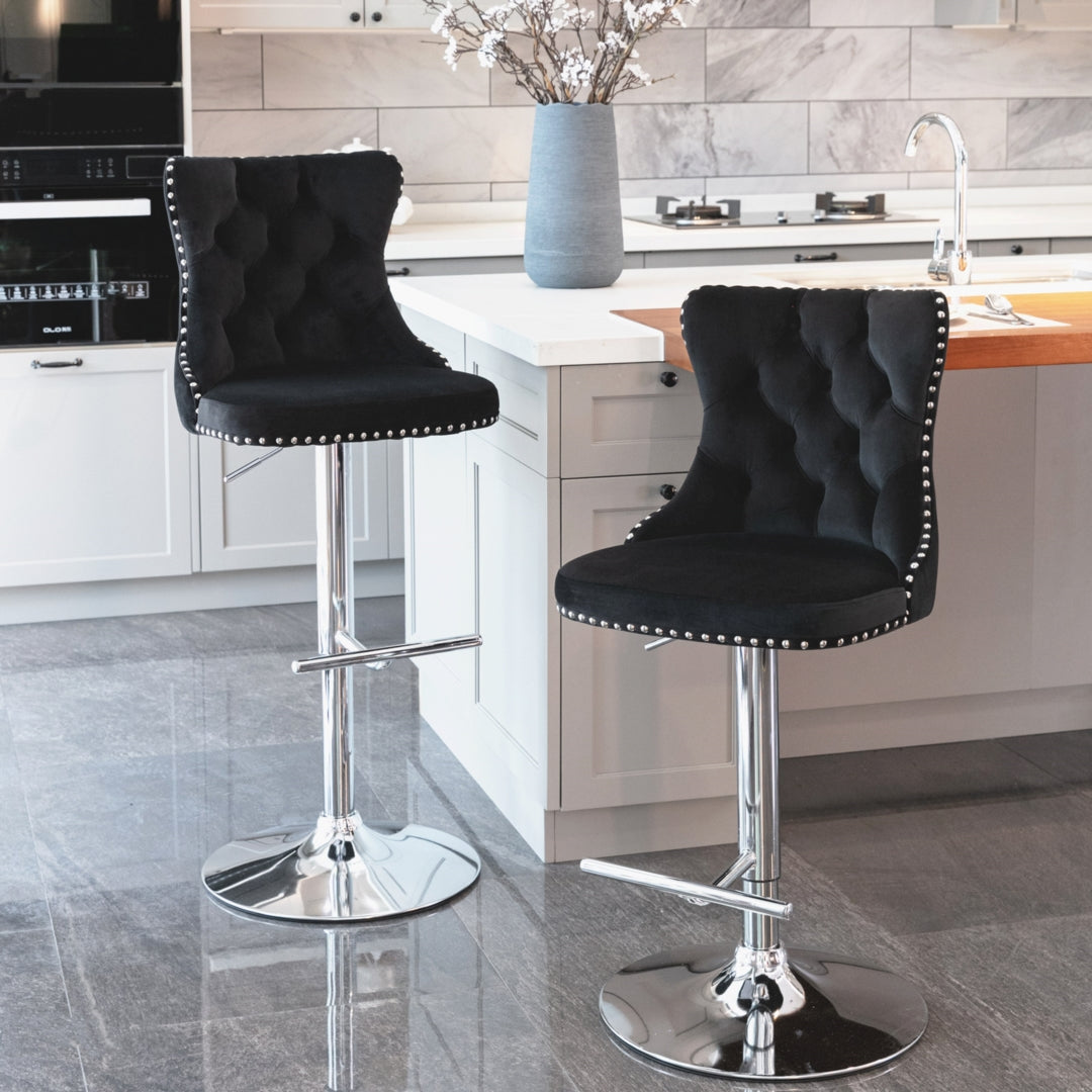 2x Height Adjustable Swivel Bar Stool Velvet Studs Barstool with Footrest and Chromed Base- Black V226-SW1712BK