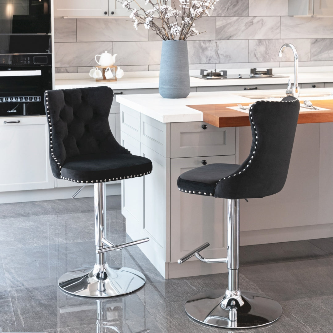 2x Height Adjustable Swivel Bar Stool Velvet Studs Barstool with Footrest and Chromed Base- Black V226-SW1712BK