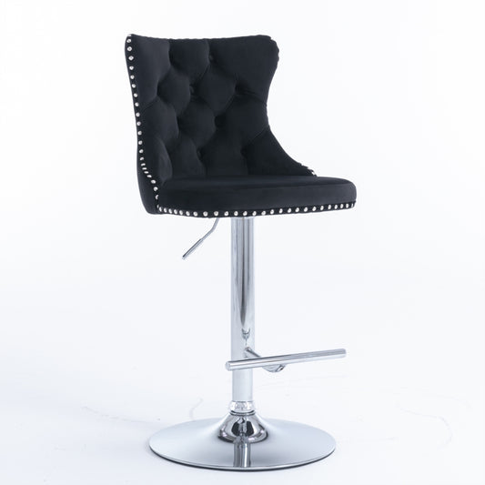 2x Height Adjustable Swivel Bar Stool Velvet Studs Barstool with Footrest and Chromed Base- Black V226-SW1712BK