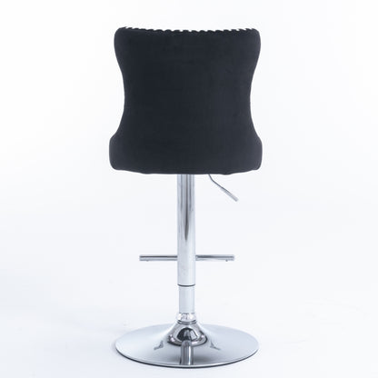 2x Height Adjustable Swivel Bar Stool Velvet Studs Barstool with Footrest and Chromed Base- Black V226-SW1712BK