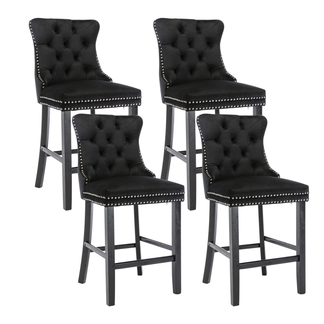 4X Velvet Bar Stools with Studs Trim Wooden Legs Tufted Dining Chairs Kitchen V226-SW1802BK-2