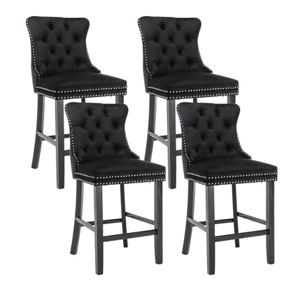 4X Velvet Bar Stools with Studs Trim Wooden Legs Tufted Dining Chairs Kitchen V226-SW1802BK-2