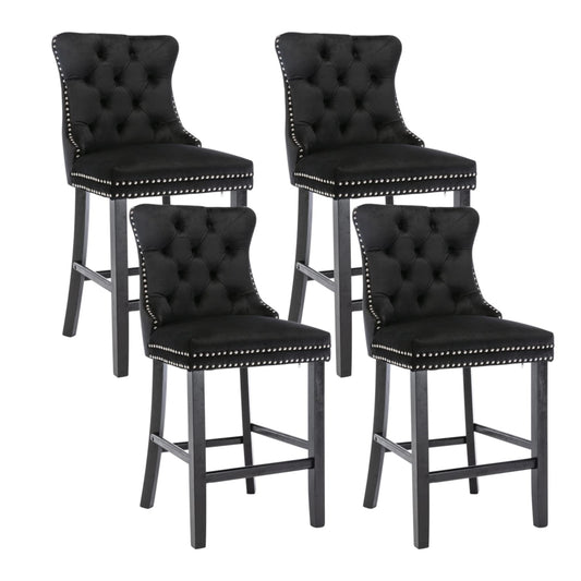 4X Velvet Bar Stools with Studs Trim Wooden Legs Tufted Dining Chairs Kitchen V226-SW1802BK-2