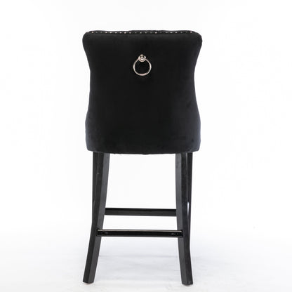 4X Velvet Bar Stools with Studs Trim Wooden Legs Tufted Dining Chairs Kitchen V226-SW1802BK-2