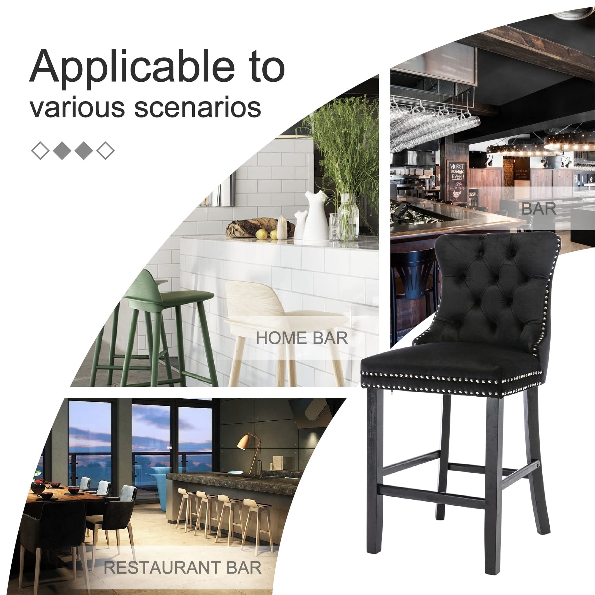 4X Velvet Bar Stools with Studs Trim Wooden Legs Tufted Dining Chairs Kitchen V226-SW1802BK-2
