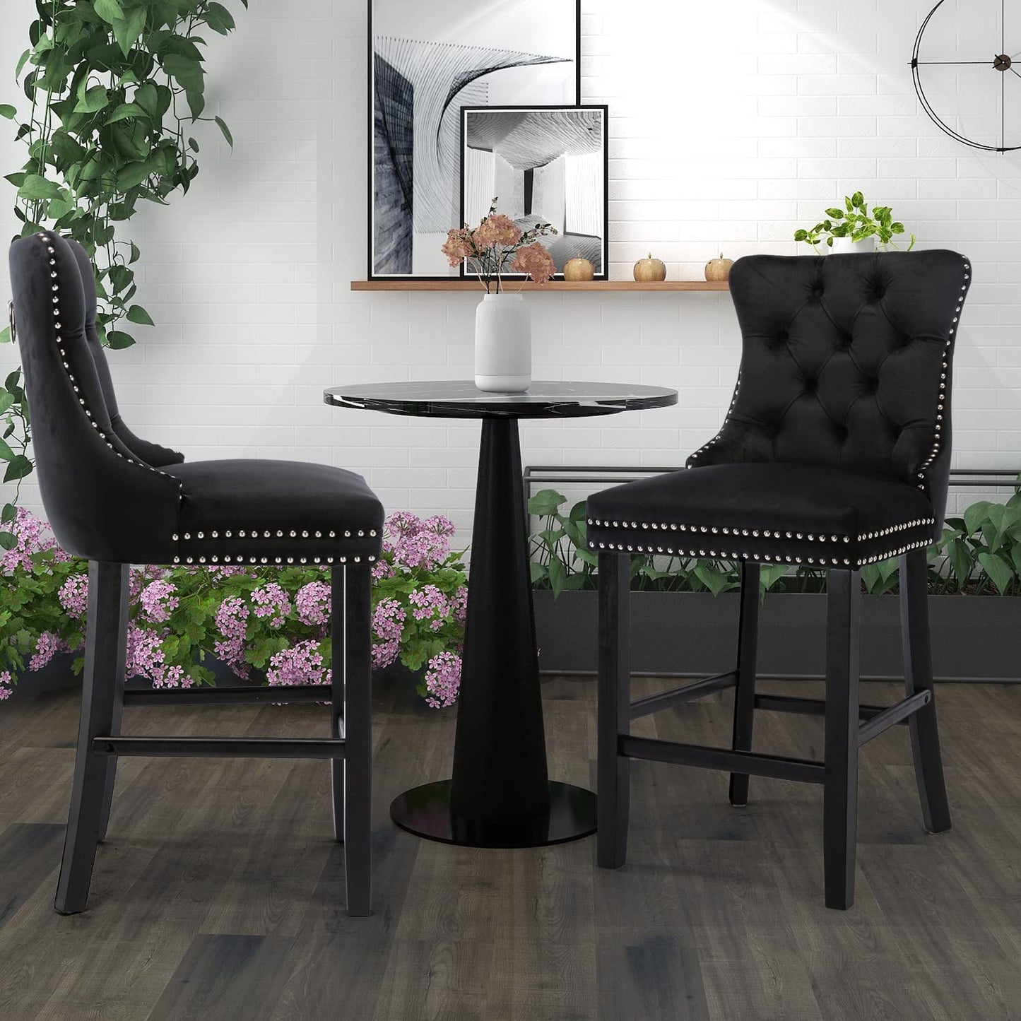4X Velvet Bar Stools with Studs Trim Wooden Legs Tufted Dining Chairs Kitchen V226-SW1802BK-2