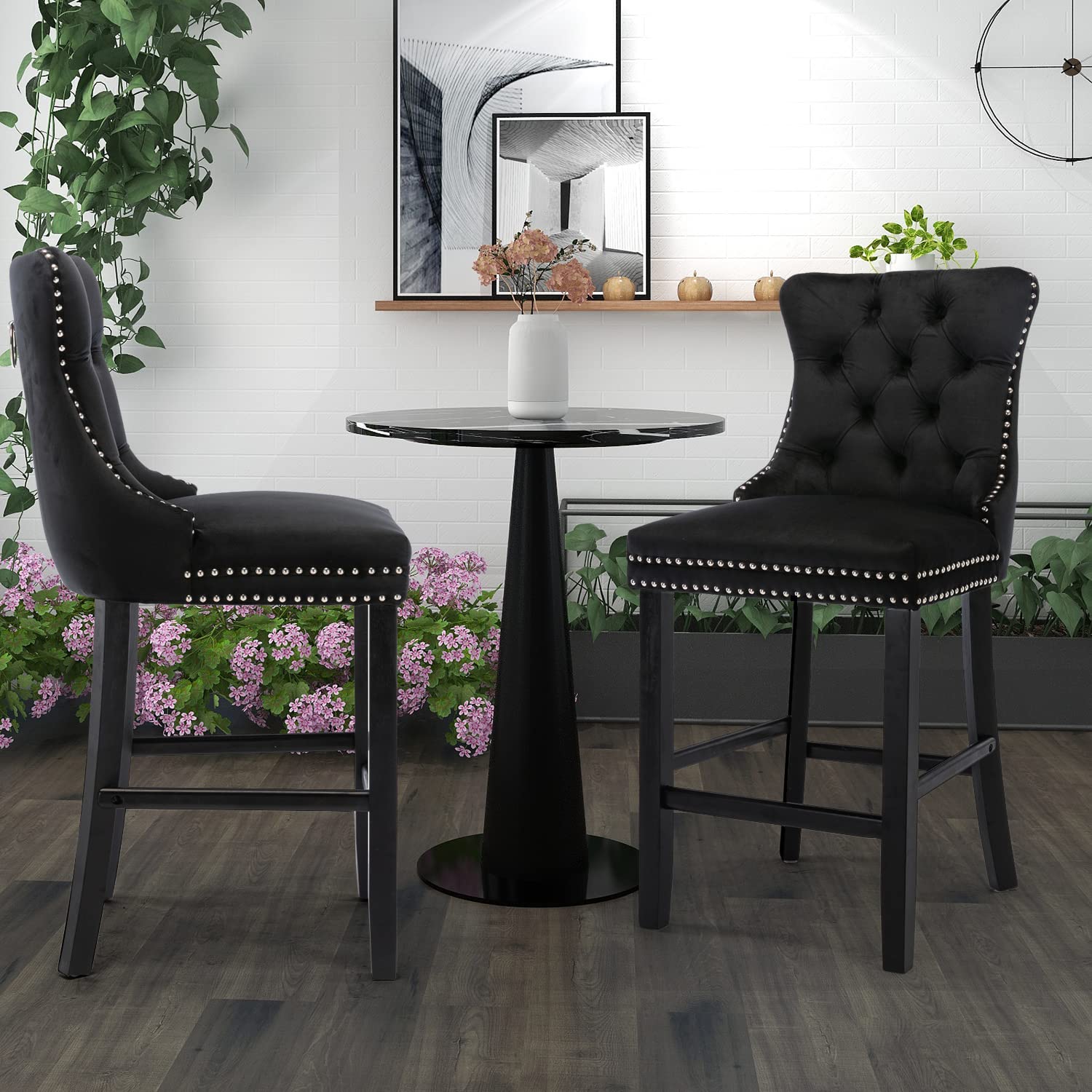 4X Velvet Bar Stools with Studs Trim Wooden Legs Tufted Dining Chairs Kitchen V226-SW1802BK-2