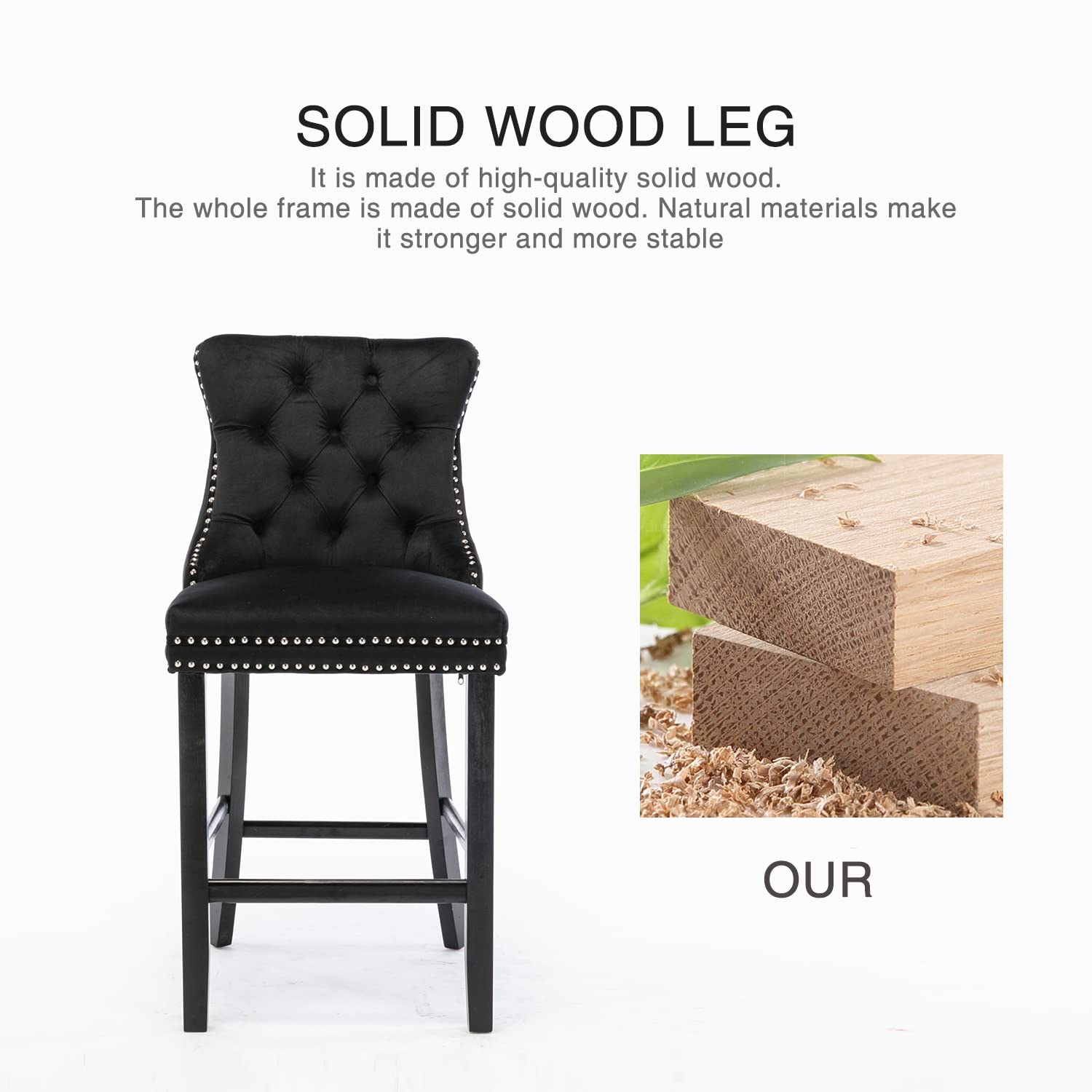 4X Velvet Bar Stools with Studs Trim Wooden Legs Tufted Dining Chairs Kitchen V226-SW1802BK-2